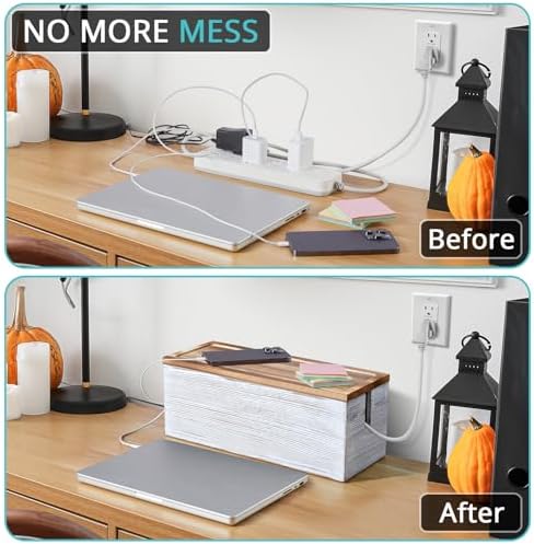 Large Cable Management Box, White Washed Wood Cord Organizer Box for Desk, Floor, Office to Hide Extension Cords Power S