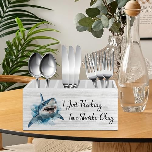 Shark Decor, Shark Bathroom Decor, Pen Pencil Holder Organizer for Desk Accessories, I Just Freaking Love Sharks Okay Wooden Box Sign Desk for Home Office Decoration