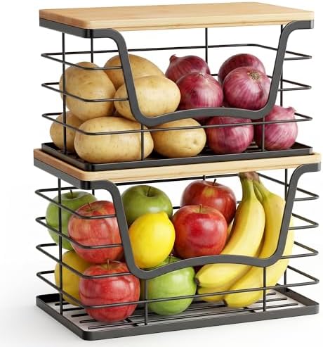ALOCEO 2 Pack Stackable Wire Storage Basket with Bamboo Lid, Stainless Steel Extra Large Trash Bag Dispenser Roll Holder