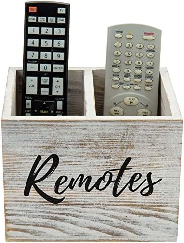 MyGift Remote Control Holder,TV Remote Holder,Wood Remote Caddy for Table,2 Large Compartment,Shabby Whitewashed Solid Wood with Black Cursive Remotes Label