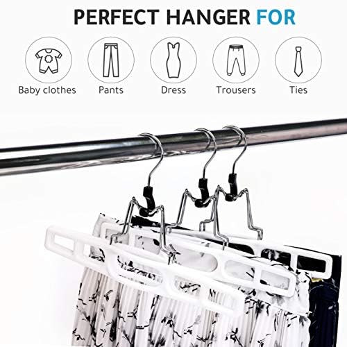 Quality Hangers 10 Pack Premium Skirt Hangers - Thin Space Saving Pant Hangers Set with Clamp, Shorts Hangers with Heavy Duty Locking Clasp, Multipurpose Jean Hangers Set - White