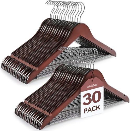 TOPIA HANGER Wooden Coat Hangers 30 Pack, Cherry Wood Suit Hangers with Non Slip Pants Bar, 360° Swivel Hook and Shoulder Notches for Camisole, Jacket, Pants, Smooth Finish Clothes Hangers - CT34M30
