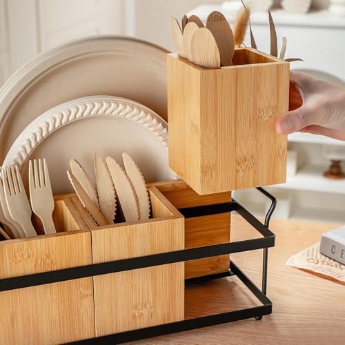 PTSTING Silverware Caddy Wood Utensil Holder Paper Plate Dispenser Silverware Utensil Caddy Cutlery Flatware Organizer B