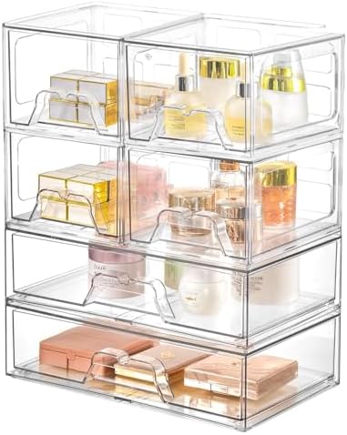 Stackable Makeup Organizer Storage Drawers Set of 6, Clear Plastic Organizer Bins for Beauty Supplies,Ideal for Vanity, 