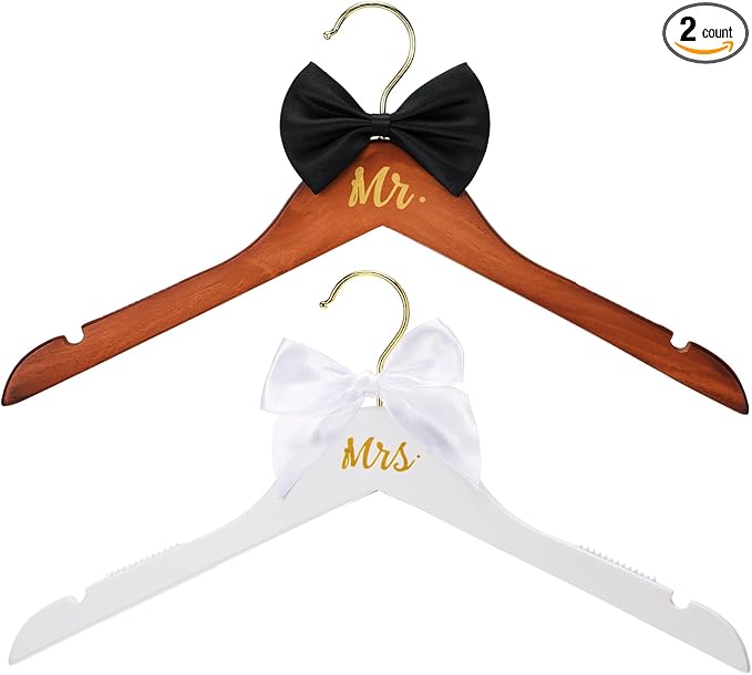 Beeveer 2 Pcs Bride Hanger for Wedding Dress Bride and Groom Wooden Wedding Dress Hanger Set with Bow Tie for Tuxedo Suit Gift Bridal Party Shower