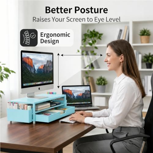 ECOLOVI Desk Organizer and Accessories, 2-Tier Computer Monitor Stand Rise with Storage Drawer & 2 Pen Holders, Laptop &