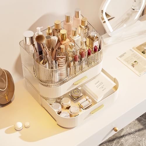 Makeup Organizer with 360 Rotating Brush Holder and Stackable Drawers, Cosmetic Display Case for Vanity, Bathroom Counte