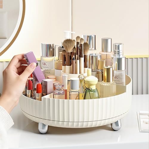 360 Rotating Makeup Perfume Organizer Skincare with Divider, Large Beige