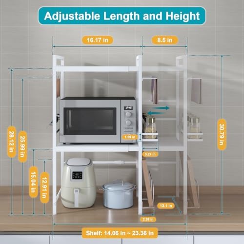 Expandable Microwave Stand Kitchen Countertop Organizer With Storage, White