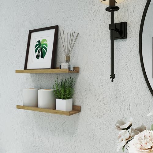 Oak Floating Shelves for Wall Decor, 16 in Shelf with Lip, 2 Set