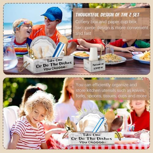 Suzile 2 Pcs Paper Plate Caddy Kitchen Utensil Holder, Wooden Organizer Set