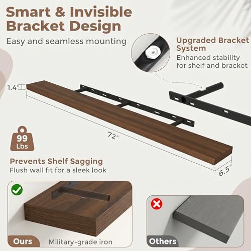 72In Floating Shelves for Wall, 6.5"D Wood Storage Shelves, Walnut Finish