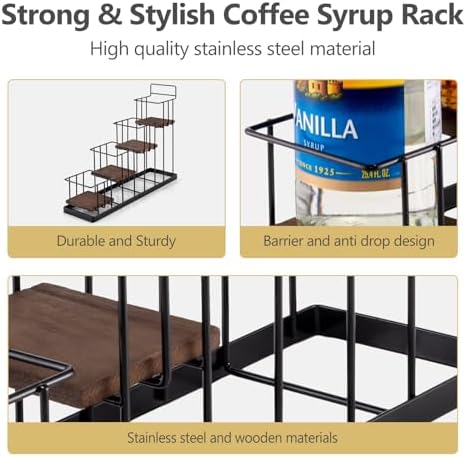 Coffee Syrup Rack Organizer, with Rustic Wood Holder Coffee Station Bar Accessory for Syrup, Wine, Dressing Bottle Count