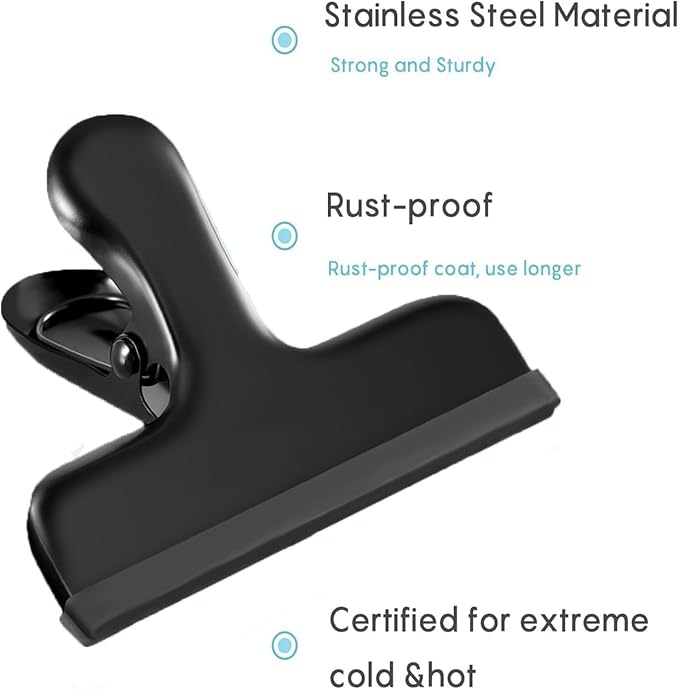 HOUSE AGAIN 6 Pack Stainless Steel Chip Bag Clips Covered with Silicone - NO More Sharp Edges - Color Coded for Food Bags - Air Tight Seal, Heavy Duty for Kitchen and Office, 3 Inches, Black