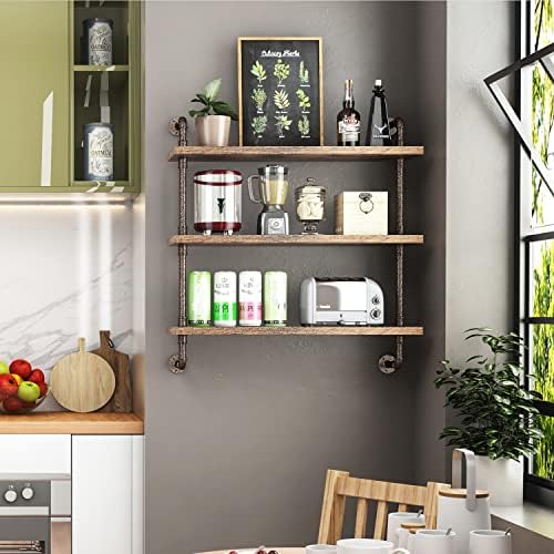 Helsin 3 Tier Industrial Pipe Shelf Rustic Wood Floating Wall Display Bookshelf Storage Rack Sundries Holder for Kitchen