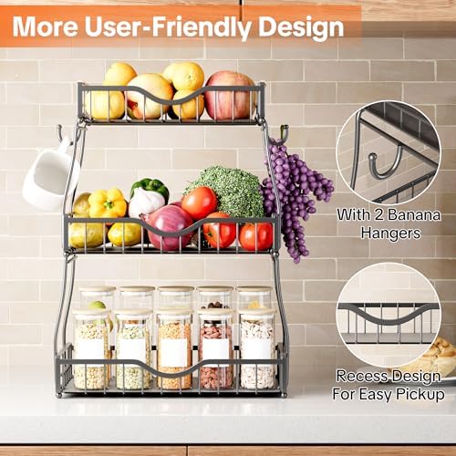3 Tier Fruit Bowl,Fruit Basket with Banana Hangers,Black
