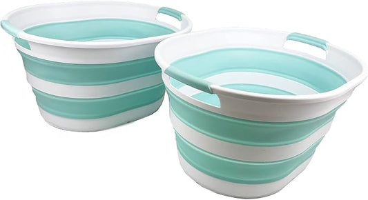 SAMMART 23L (6 Gallons) Collapsible Plastic Laundry Basket - Oval Tub/Basket - Foldable Storage Container/Organizer - Portable Washing Tub (White/Lake Green (Set of 2))