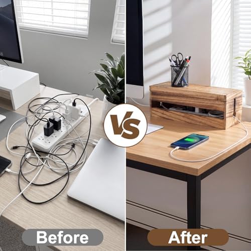 Changsuo Cable Management Box Wooden Cord Organizer Box for Extension Cord Power Stripe Surge Protector Wire Management 