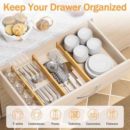Bamboo Drawer Dividers Organizers, 2.56" High, 17"-21.8" Adjustable, 8 Pack