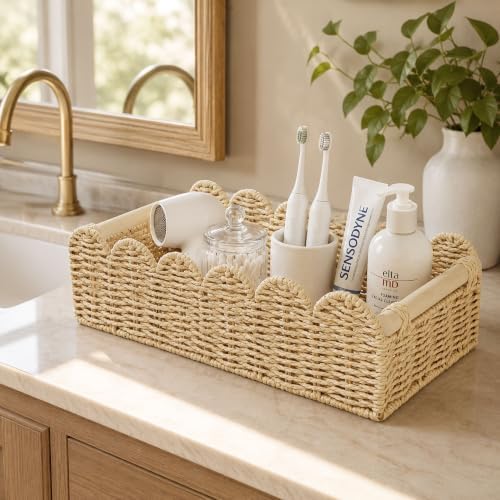 Upgraded L Scalloped Wicker Basket with Wood Handle