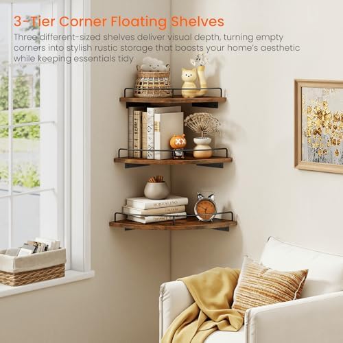 Homode Corner Shelf Wall Mounted Set of 3, Corner Floating Shelves 9/10/12 Inch Deep, Wood Round Corner Hanging Display 