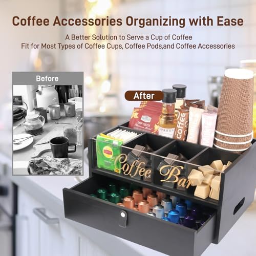 2-Tier Coffee Bar Organizer with Clear Acrylic Top, Built-in Drawer and Leather Handle Pull for Countertop, Stylish Coff