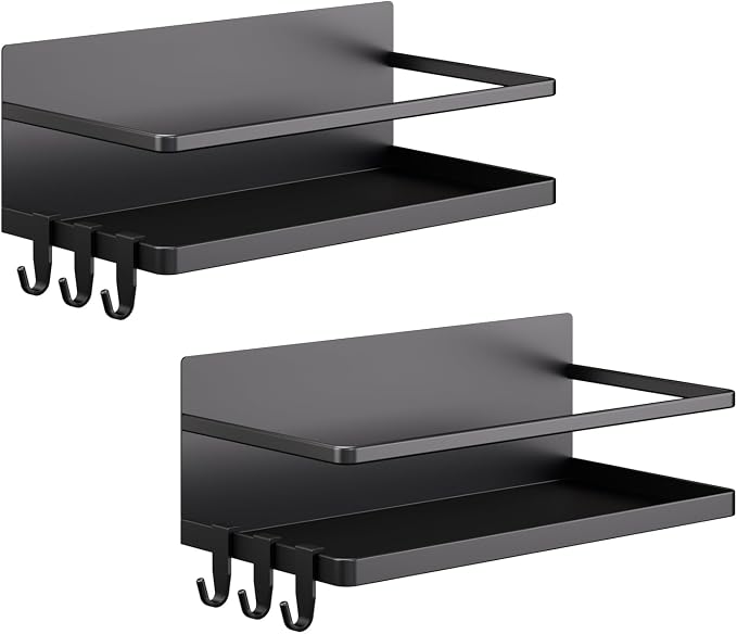 Magnetic Spice Rack for Refrigerator, 2 Pack Magnetic Shelf, Fridge Magnet Organizer with Moveable 6 Hooks, Magnetic Fridge Shelf for Kitchen Organization and Storage(Black, 2 Pack)