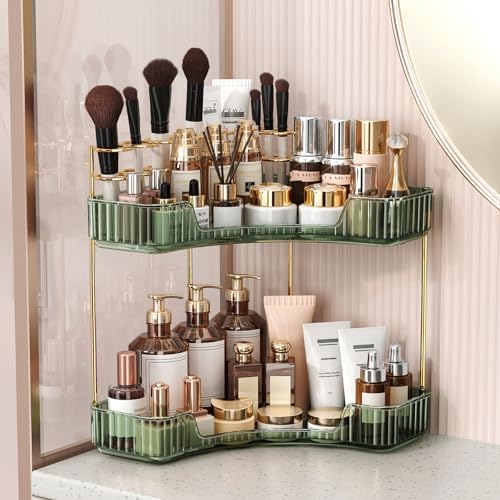 BEFSOP Corner Bathroom Counter Organizer, Upgraded 2-Tier Makeup Organizer Countertop with Makeup Brush Holder, Skincare
