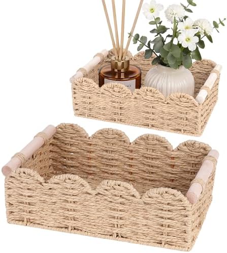 iEGrow Paper Rope Small Storage Baskets for Organizing, Set of 2 Scalloped Edge Wicker Basket with Wooden Handles Toilet Paper Basket for Over Toilet Storage Shelf, Home Decor, Living Room (Beige)