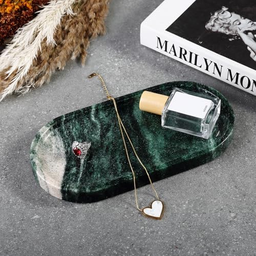 Koville Green Marble Tray for Bathroom Countertop, 10"x5" Natural Marble Vanity Tray Perfume Trays for Dresser, Stone Je