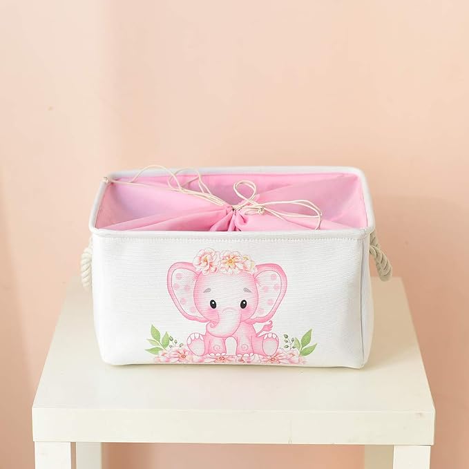 Large Nursery Elephant Baby Basket for Shower Gift - Pink Girl Gift Bag, Collapsible and Empty - Decor for Kidsroom, Nursery, Play Room (Large)