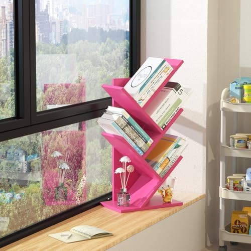 SHEEPAM Small Tree Book Shelf,5 Tier Bookshelf, Wood Desktop Bookcase