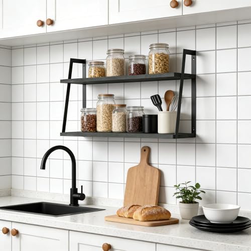 SRIWATANA Black 2-Tier Floating Wall Shelves, Rustic Wood Storage Shelf Set