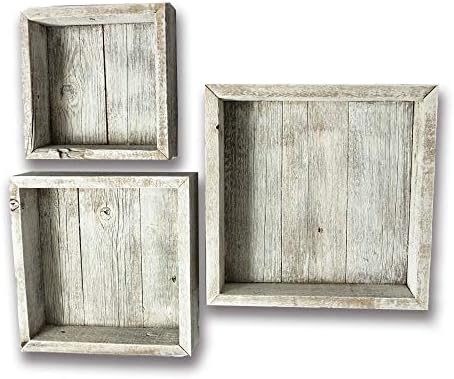Reclaimed Wood Shadow Box with Wood Backing - Rustic Farmhouse Barnwood Style - Floating Shelves - Set of 3 (Whitewash, 