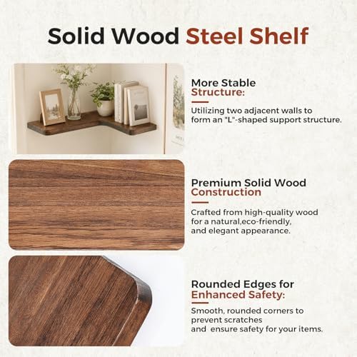 Solid Wood Corner Floating Shelves, L-Shaped, Brown, Set of 4