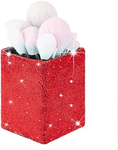KEYPOWER Crystal Pencil Pot Holder Box Bling Rhinestone Pen Organizer Holder Cosmetic Container Comb Brushes Personalized (Square Red)