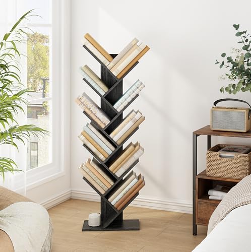 Hoctieon 10 Tier Tree Bookshelf, 10 Shelf Bookcase, Free Standing Tree Bookcase, Display Floor Standing Shelf for Books,