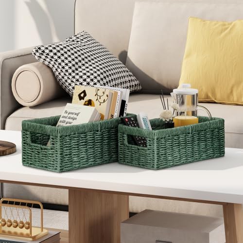 Vagusicc Wicker Storage Basket, Set of 2 Hand-Woven Paper Rope Wicker Baskets for Organizing Decor Storage Bins for Coun
