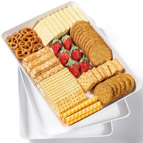 3 Pack, 16" x 11" Large White Serving Trays Set - Reusable Plastic Serving Platters for Cookie, Appetizer, Charcuterie, 