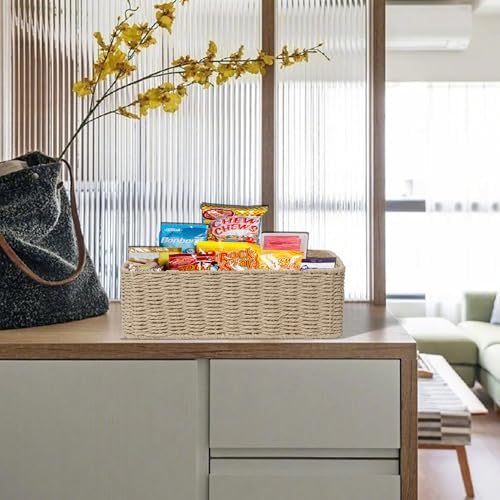 Rectangular Woven Paper Rope Storage Baskets for Shelves(Khaki)