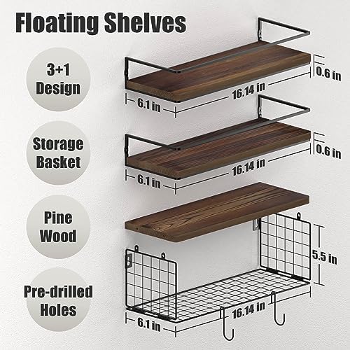 3+3 16.1in Bathroom Shelves Wall Mounted Over Toilet with Toilet Paper Storage Basket & Hooks, Hanging Floating Shelves Bathroom for Wall Room Decor, Bathroom Organizers and Storage Brown