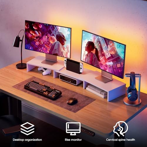 FITUEYES Dual Monitor Stand Riser, Adjustable Length and Angle, White