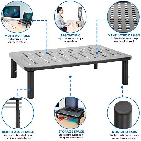 Mount-It! Height Adjustable Single Monitor Riser | Metal Mesh Computer Screen Platform | Desktop Riser for Laptop, Monit