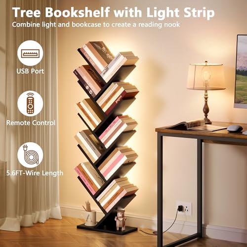 Hoctieon 10 Tier Tree Bookshelf with LED Lights, Small Bookcase, Freestanding Book Shelf, Display Floor Standing Storage