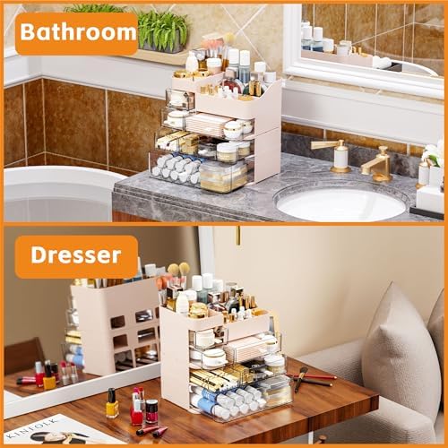 Pink Makeup Countertop Organizer,Large Capacity Make up Organizers for Vanity with 6 Drawer,Plastic Bathroom Skincare Or