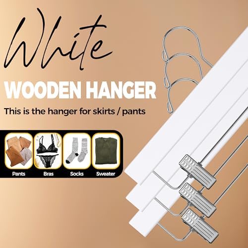 Quality Hangers Wooden Pants Hangers - 120-Pack Swivel Hook Cloth Hanger Set - Lotus Wood Skirt, Pant, Shorts and Slack Hangers with Adjustable Clip – Clothing Hanger Set (White - Chrome Hook, 120)