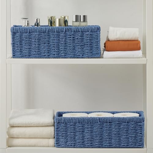 Vagusicc Wicker Storage Basket, Paper Rope Wicker Baskets with Handles, Toilet Paper Basket for Toilet Tank Top, Small Wicke Baskets for Organizing Shelves, 2-Pack, Blue