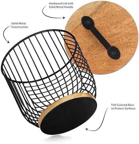 Coffee Filter Holder for Counter with Wooden Lid - Round Black Wire Coffee Pod Storage Container Basket for Kitchen Coun
