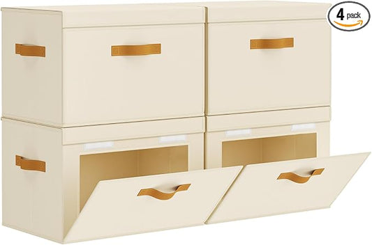 Homsorout Large Storage Bins with Lids - Front Opening Fabric Storage Bins, Flap Closet Organizer with Handles, Collapsible Boxes with Lid, Decorative Basket for Home, Dorm, 4 Pack, Beige