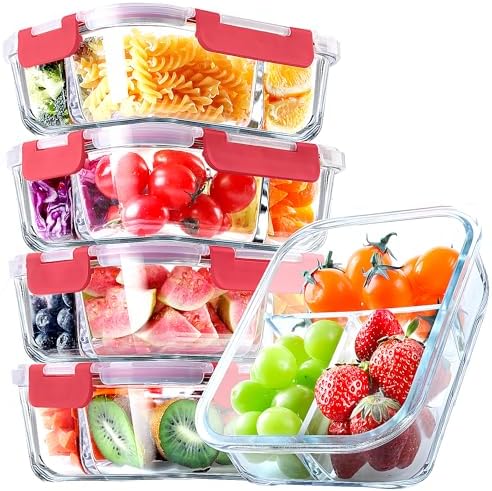 VERONES 5 PACK 36 OZ Glass Food Storage Containers 3 Compartment Set, Red